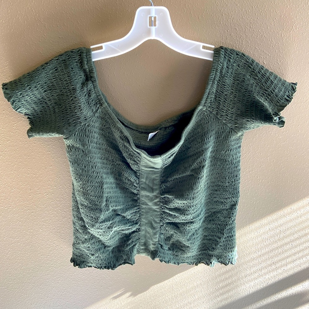 BP Olive Green off the shoulder cropped top.